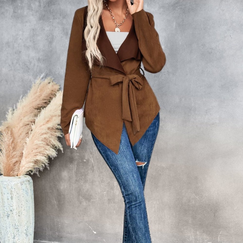 New Waterfall Collar Belted Jacket Brown - Picture 2 of 6